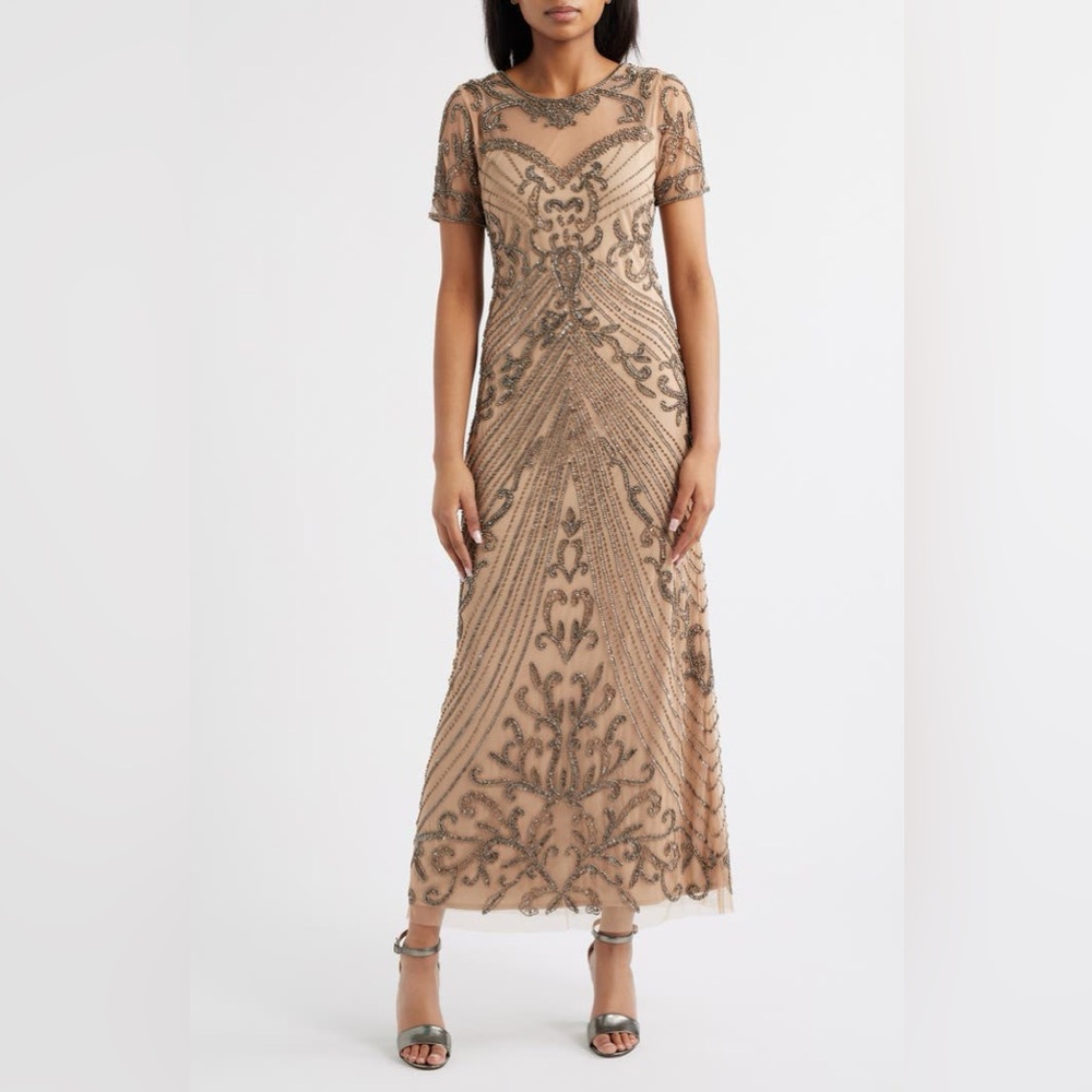 Pisarro Nights Illusion Beaded Mesh Column Gown Sz 16